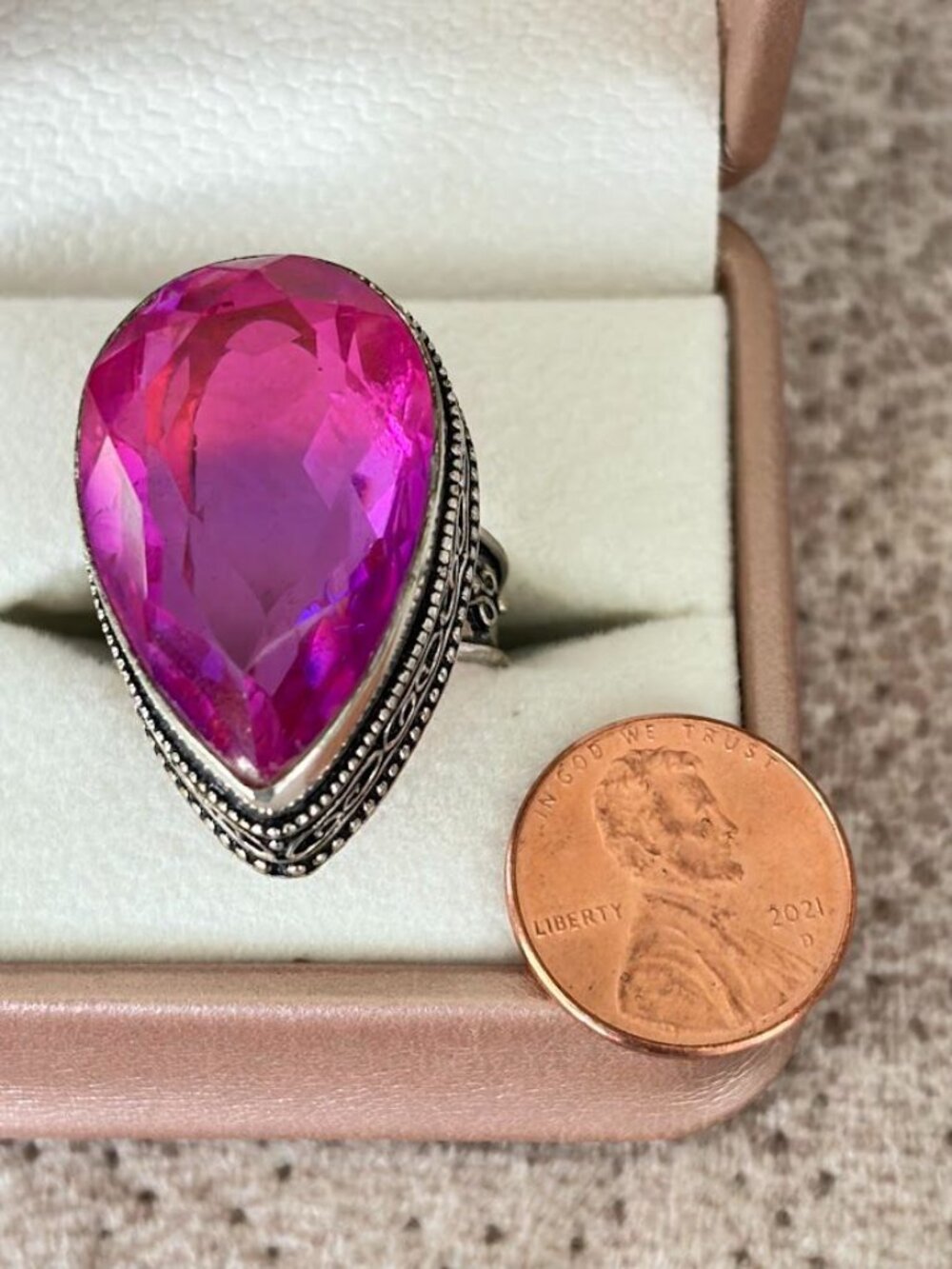 Vintage 925 Sterling Silver Pink Bi-Color Tourmaline Statement Ring Size 8 - Picture 6 of 7